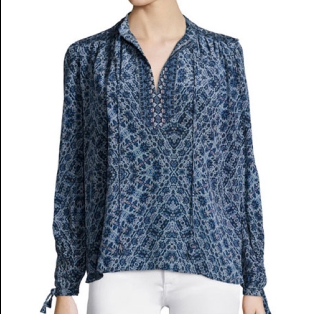 Rebecca Taylor Silk Blue Floral Tie-Neck Long Sleeve Boho Blouse Top